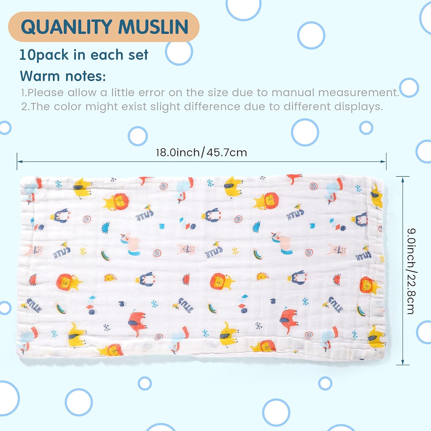 10 Pieces Baby Burp Cloth 10 x 20 inches 6 Layer Soft Absorbent Muslin Newborn Towel for Baby Shower Machine Washable, for Sensitive Skin Baby (Animal Pattern) - Image 3